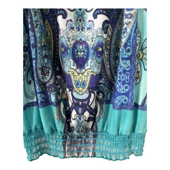 Dressbarn Women’s 2X Boho Peasant Top – Blue Paisley Smocked Flutter Sleeve Blou - Picture 4 of 7